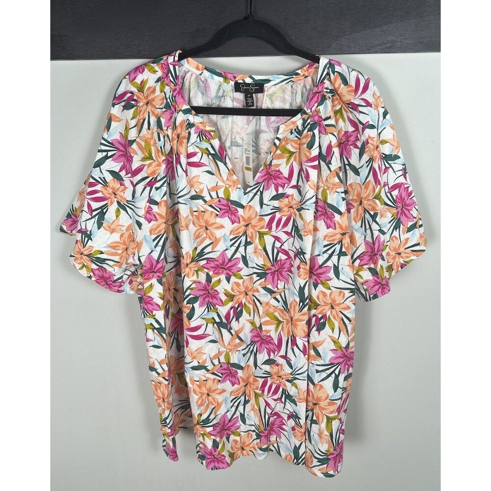 NWT Jessica Simpson Tropical Floral Linen Blend Blouse Plus Size 3X Colorful